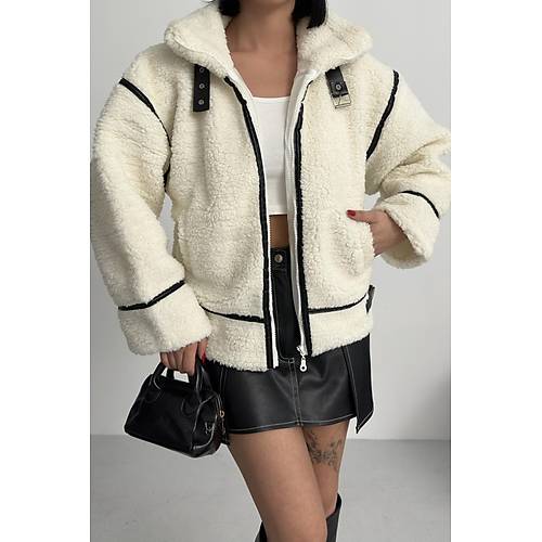 Viral Teddy Pelu� Bej Biker Ceket