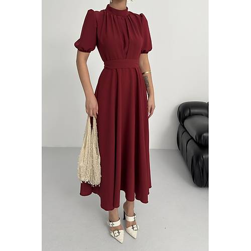 Nil Lacivert Klo Etek Ksa Kol Midi Boy Saten Abiye Elbise Lacivert