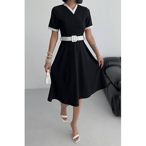 V Yaka ift Renk Midi Kemerli Krmz Elbise