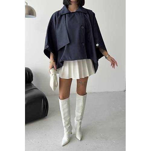 Siyah Yarasa Kol Detay Yakal Dmeli Rahat Kalp Oversize Midi Boy Trenkot