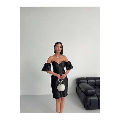 Laura Balon Kol Saten Abiye Siyah Elbise