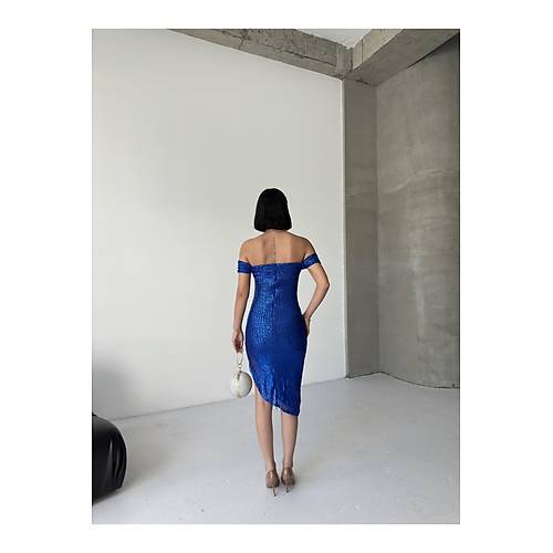 Liana Degaje Yaka Sax Mavi Mini Elbise