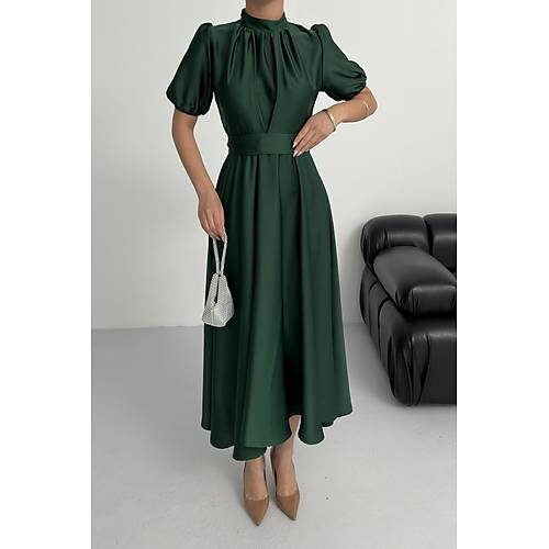 Nil Lacivert Klo Etek Ksa Kol Midi Boy Saten Abiye Elbise Lacivert