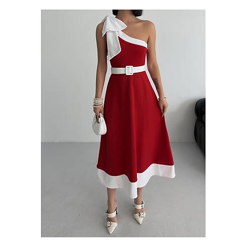 Tek Omuz Kemerli Kadn Midi Mor Abiye Elbise Fiyonk Detayl k Tasarm