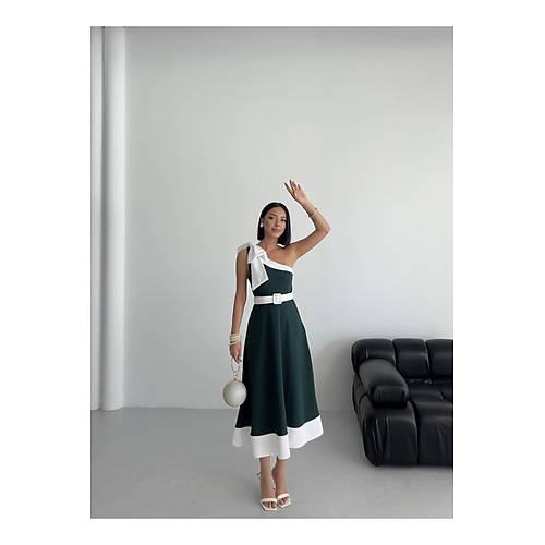 Tek Omuz Kemerli Kadn Midi Mor Abiye Elbise Fiyonk Detayl k Tasarm