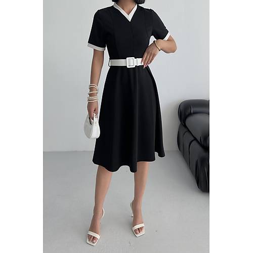 V Yaka ift Renk Midi Kemerli Krmz Elbise