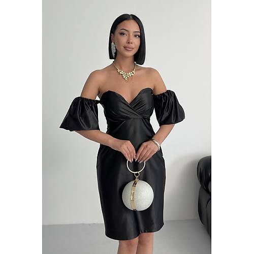 Laura Balon Kol Saten Abiye Siyah Elbise