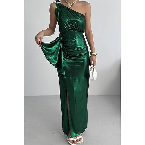 Kadn Omuz Aksesuarl Volanl yrtma parlak kuma Abiye Mezuniyet Nikah Lacivert Elbise