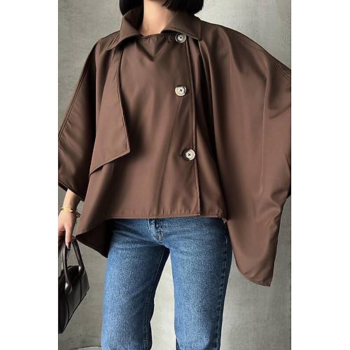 Siyah Yarasa Kol Detay Yakal Dmeli Rahat Kalp Oversize Midi Boy Trenkot