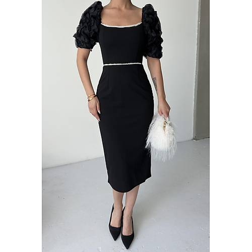 zel Tasarm nci Detayl Balon Kol Abiye Siyah Elbise