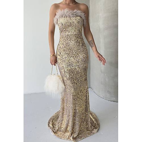 Trend Pul Payetli Ty Detayl Abiye Kadife Gri Elbise