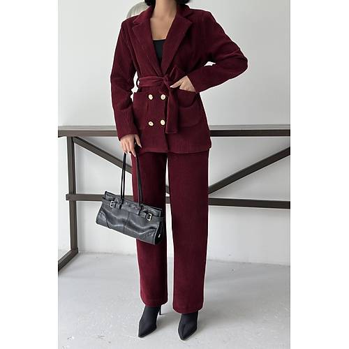 Bordo Fitilli Kadife Ceket Pantolon Tak�m