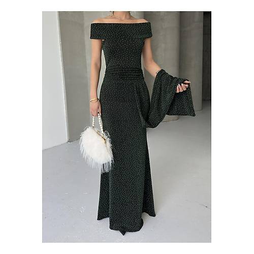 Dk Omuz Drapeli Simli Abiye Elbise