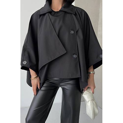 Siyah Yarasa Kol Detay Yakal Dmeli Rahat Kalp Oversize Midi Boy Trenkot