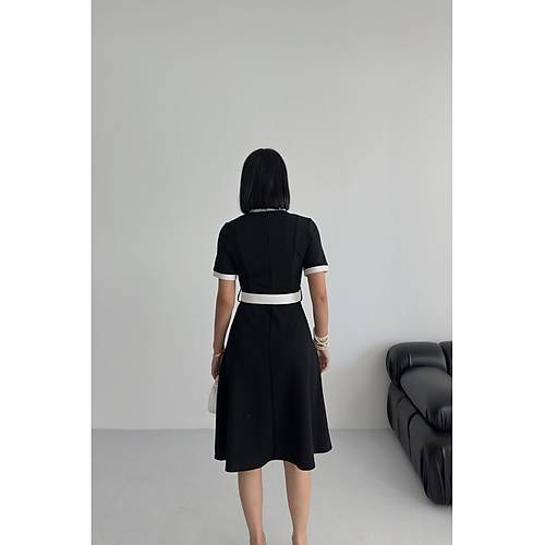 V Yaka ift Renk Midi Kemerli Krmz Elbise