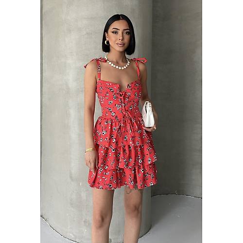 Ask�l� Elbise Ete�i Volanl� Elbise G���s Destekli K�rm�z� Mini Elbise �i�ekli Elbise Desenli Elbise