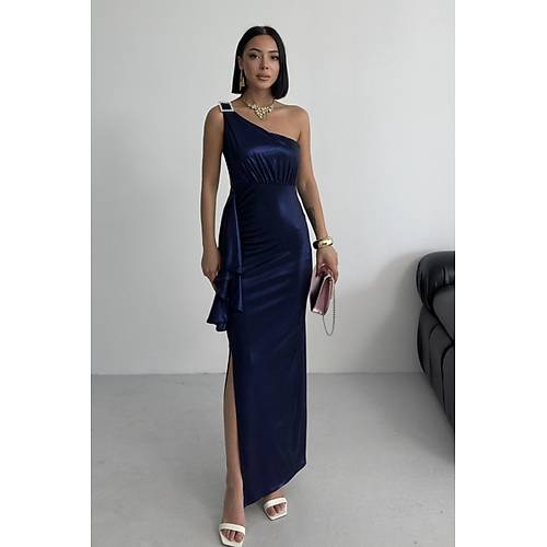 Kadn Omuz Aksesuarl Volanl yrtma parlak kuma Abiye Mezuniyet Nikah Lacivert Elbise