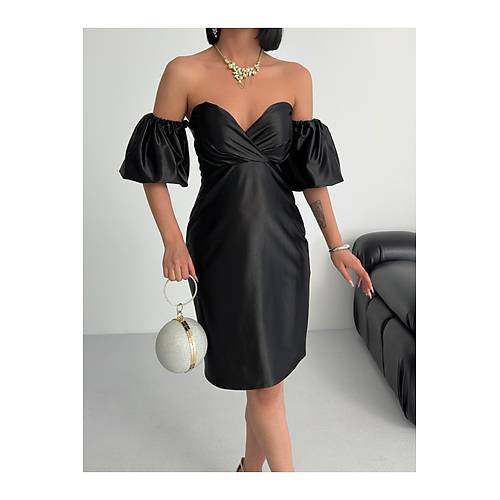 Laura Balon Kol Saten Abiye Siyah Elbise