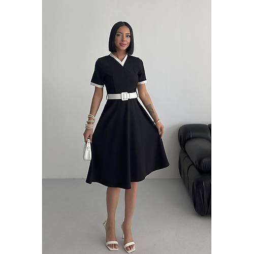 V Yaka ift Renk Midi Kemerli Krmz Elbise