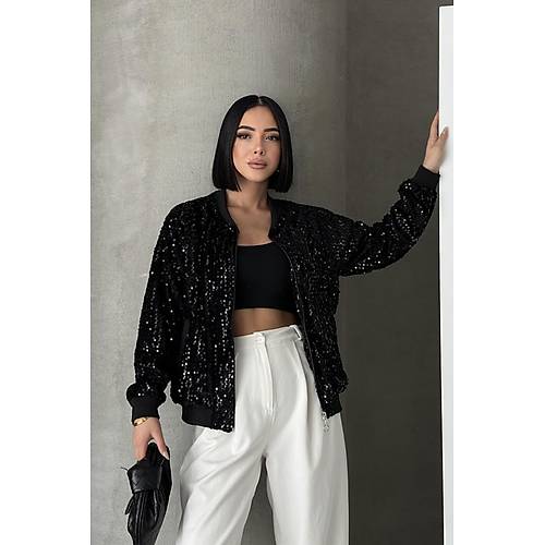 Payetli Bomber Ceket Siyah