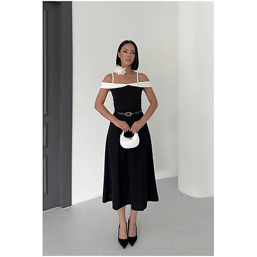 ift Renk Midi Kemerli Beyaz Elbise