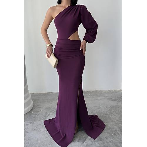 Tek Kol Derin Yrtmal Krep Gece Elbisesi Zmrt Yeil Abiye