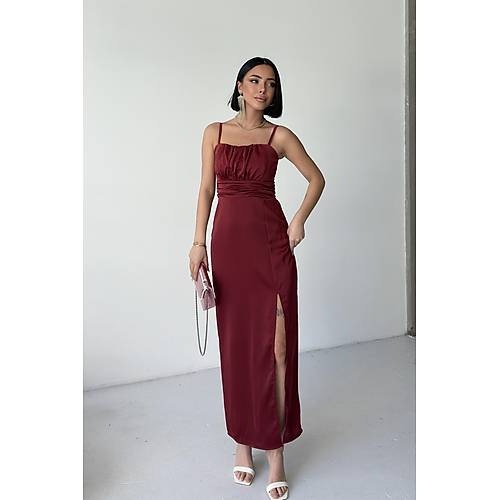 nce Askl Gs Drapeli Saten Elbise Bordo
