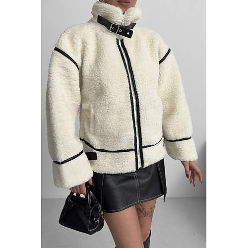 Viral Teddy Pelu� Bej Biker Ceket