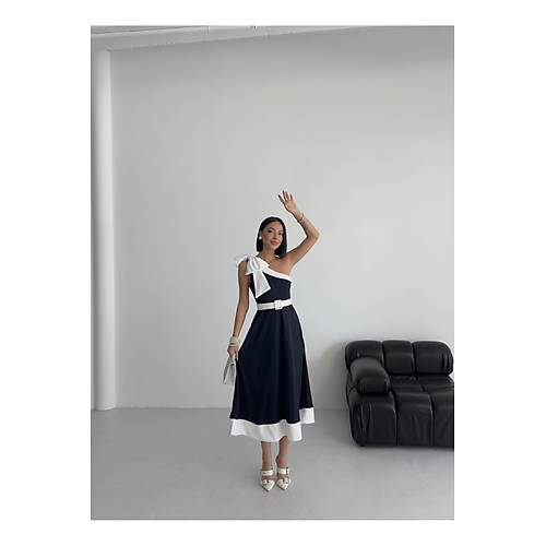 Tek Omuz Kemerli Kadn Midi Mor Abiye Elbise Fiyonk Detayl k Tasarm