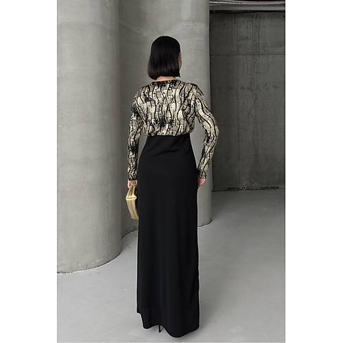 Siyah Gold Desenli Uzun Kollu k Maxi Abiye Elbise