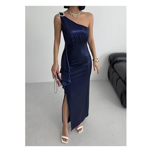 Kadn Omuz Aksesuarl Volanl yrtma parlak kuma Abiye Mezuniyet Nikah Lacivert Elbise