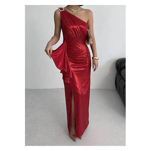 Kadn Omuz Aksesuarl Volanl yrtma parlak kuma Abiye Mezuniyet Nikah Lacivert Elbise