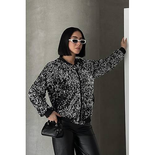 Payetli Bomber Ceket Siyah