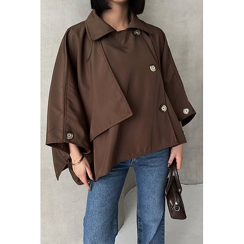 Siyah Yarasa Kol Detay Yakal Dmeli Rahat Kalp Oversize Midi Boy Trenkot