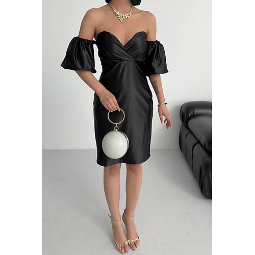 Laura Balon Kol Saten Abiye Siyah Elbise