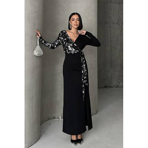 Siyah Gold Desenli Kruvaze Uzun Abiye Elbise