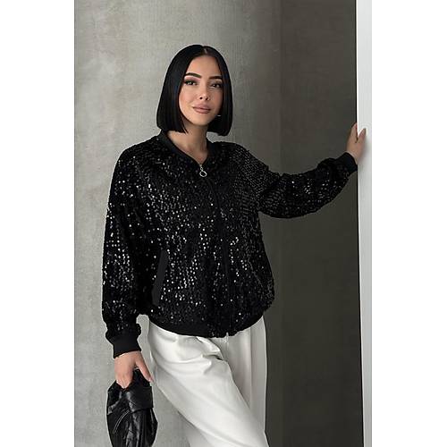 Payetli Bomber Ceket Siyah