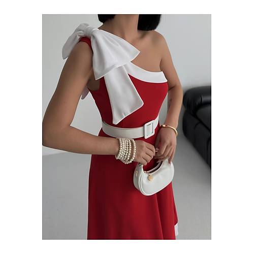 Tek Omuz Kemerli Kadn Midi Mor Abiye Elbise Fiyonk Detayl k Tasarm