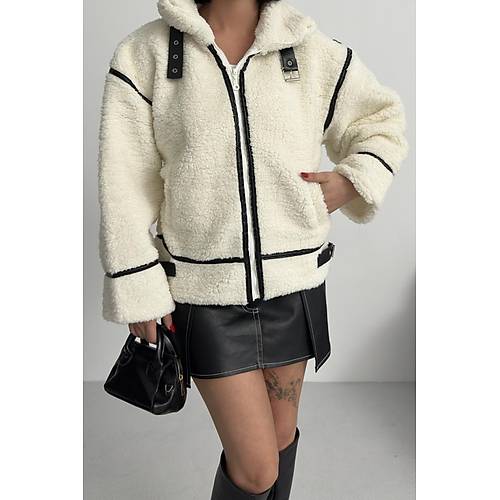 Viral Teddy Pelu� Bej Biker Ceket
