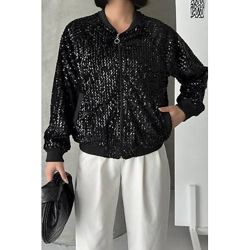 Payetli Bomber Ceket Siyah