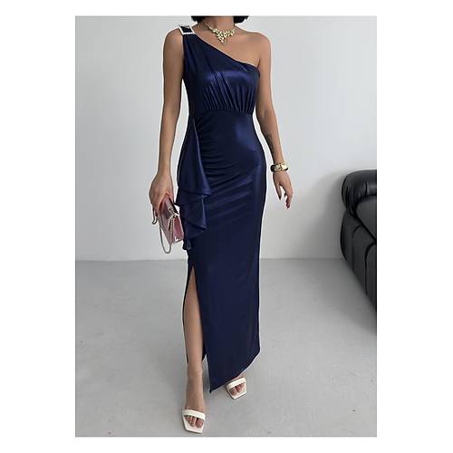 Kadn Omuz Aksesuarl Volanl yrtma parlak kuma Abiye Mezuniyet Nikah Lacivert Elbise