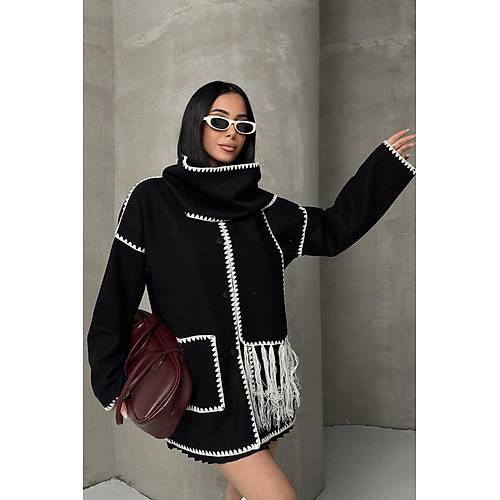 Nak Detayl Atkl Yumuak Triko Hrka Ceket Siyah