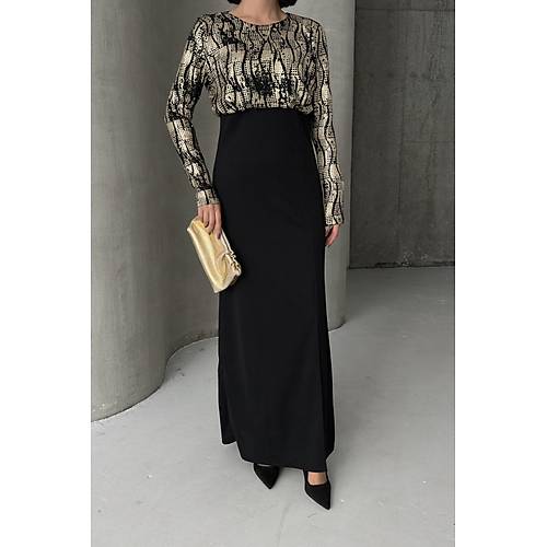 Siyah Gold Desenli Uzun Kollu k Maxi Abiye Elbise