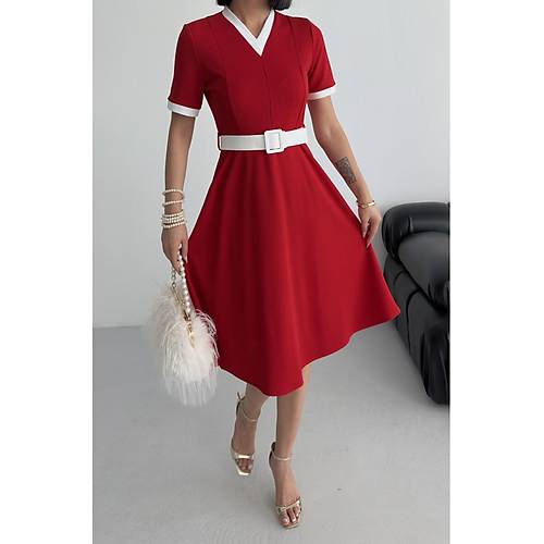 V Yaka ift Renk Midi Kemerli Krmz Elbise