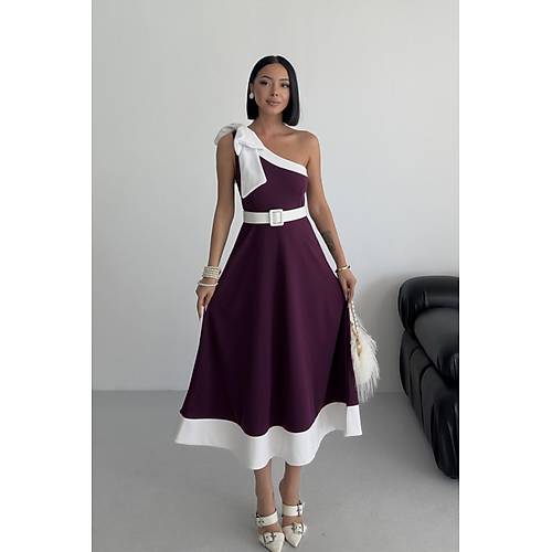 Tek Omuz Kemerli Kadn Midi Mor Abiye Elbise Fiyonk Detayl k Tasarm