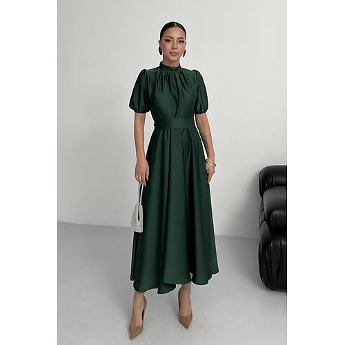 Nil Lacivert Klo Etek Ksa Kol Midi Boy Saten Abiye Elbise Lacivert