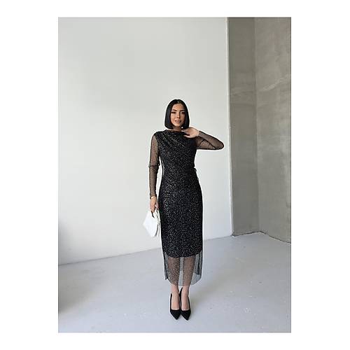 Kadn Hakim Yaka Transparan Tl Kollu Astarl Drapeli Midi Abiye Puantiyeli Elbise