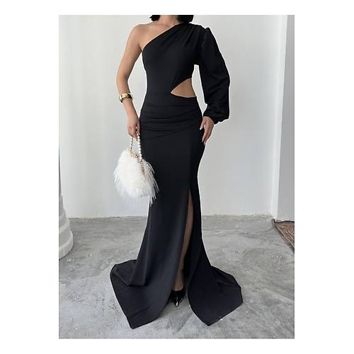 Tek Kol Derin Y�rtma�l� Krep Gece Elbisesi Z�mr�t Ye�il Abiye