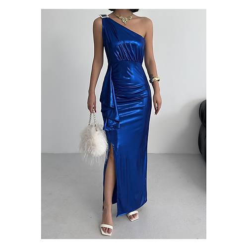 Kadn Omuz Aksesuarl Volanl yrtma parlak kuma Abiye Mezuniyet Nikah Lacivert Elbise