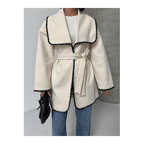 Nak�� Detayl� Kemerli Yumu�ak Siyah Ceket